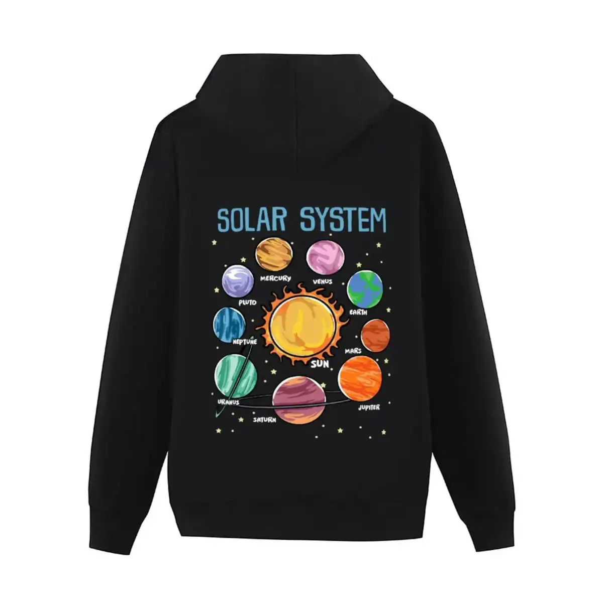 Sweat à capuche noir avec illustration du système solaire et planètes.