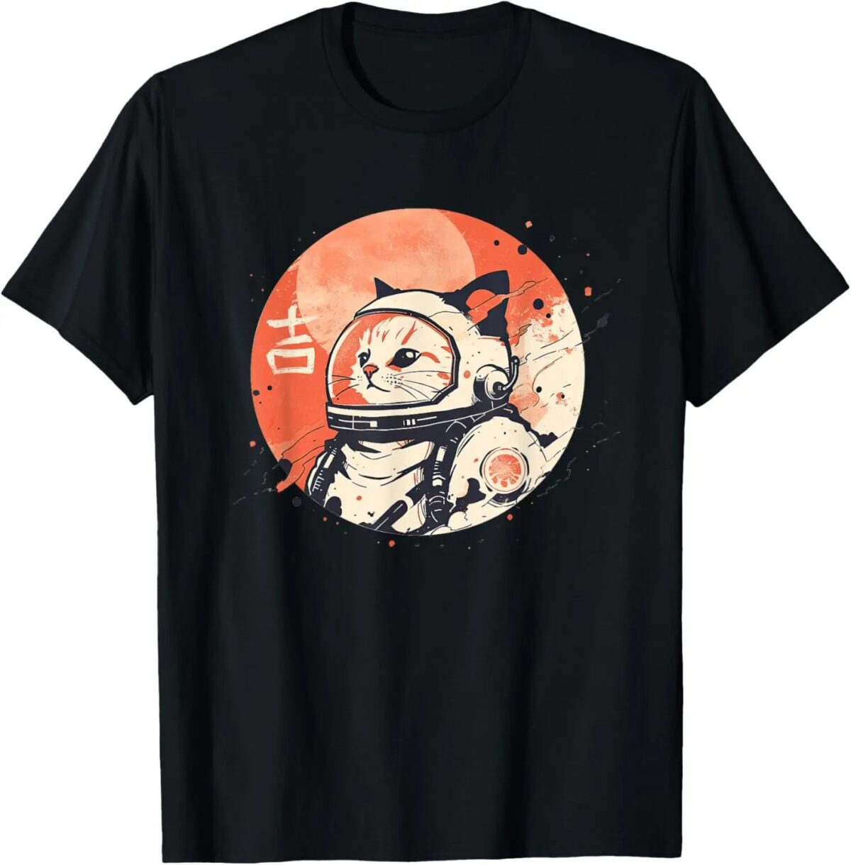Chat astronaute portant un casque spatial avec logo NASA, dans un style artistique avec un fond lunaire orange.