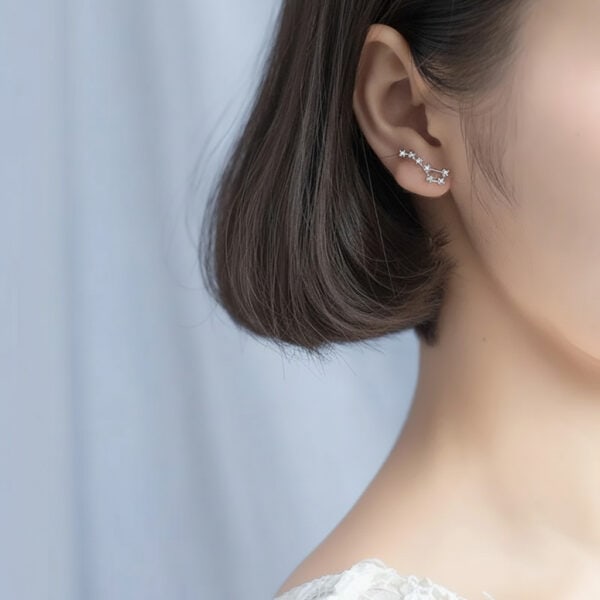 Pendentif en forme de constellation étoilée, en argent sterling, porté sur l'oreille d'une femme.