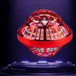 Balle volante en plastique rouge avec design géométrique, conçue pour le jeu et la décoration, inspirée du style scientifique et ludique.
