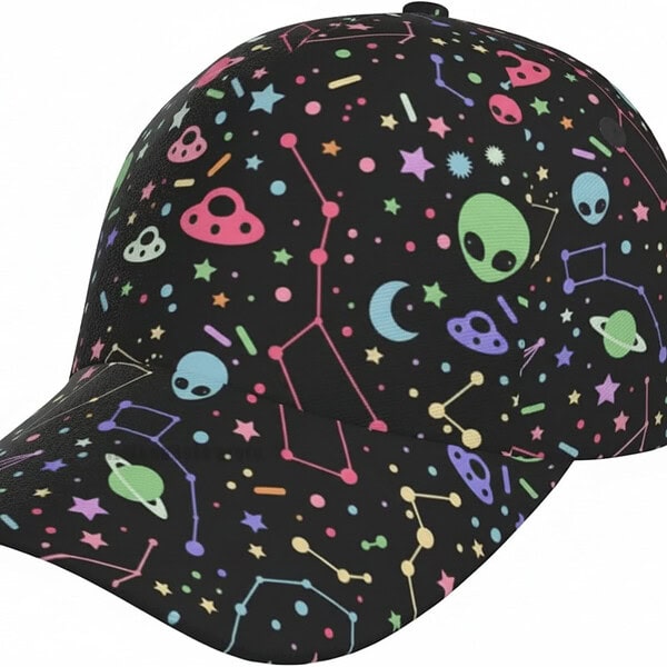 Casquette avec motifs d'astres, d'aliens et de planètes fluorescentes.