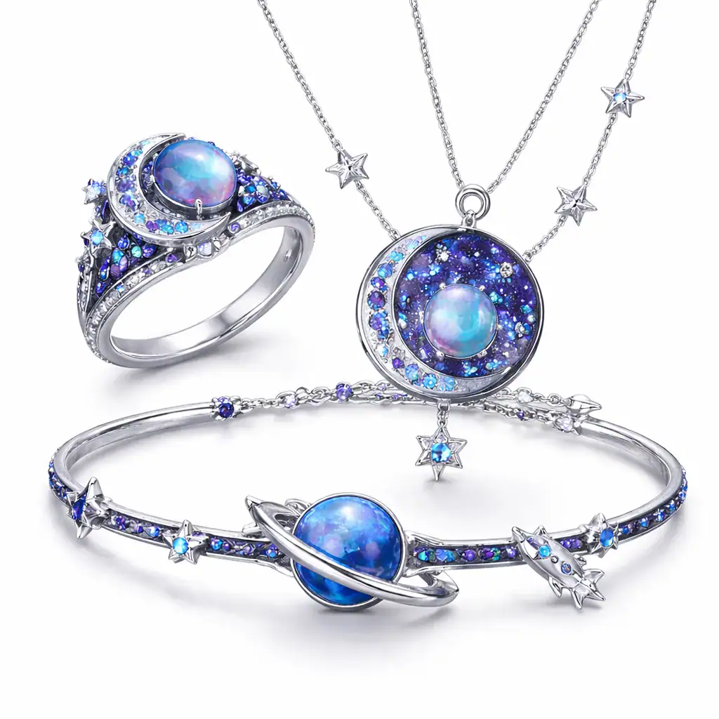 Collier, bracelet, bague en argent avec pierres d'astronomie bleues et étoiles scintillantes.