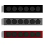 Trois panneaux de contrÎle scientifiques colorés avec boutons ronds, en noir, gris et rouge, parfaits pour la décoration de laboratoire ou d'espace scientifique.