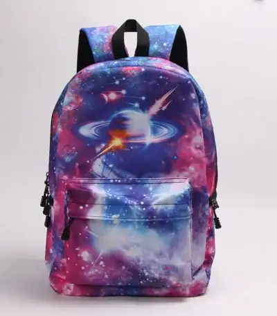 Sac à dos galaxie avec motif cosmique et planètes.