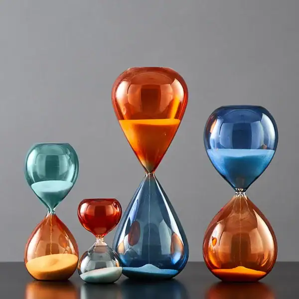 Horloges de sable colorées et modernes, décorations originales pour intérieur, objets de décoration en verre, design contemporain, accessoires de décoration élégants.