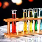 Tubes à essai avec liquides colorés sur support en bois.