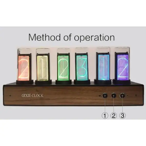 Horloge Nixie LED en bois avec chiffres lumineux colorés affichant 1, 2, 3, 4, 5, 6.
