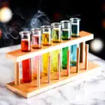 Tubes à essai avec liquides colorés sur support en bois, illustrant une expérience de chimie ou de science.