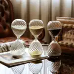 Trois sabliers en verre avec sable blanc, jaune et noir, disposés sur une table en bois dans un intérieur vintage, illustrant la mesure du temps avec élégance.