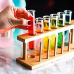Vitrine en bois avec tubes à essai colorés pour expériences scientifiques ou décoration.