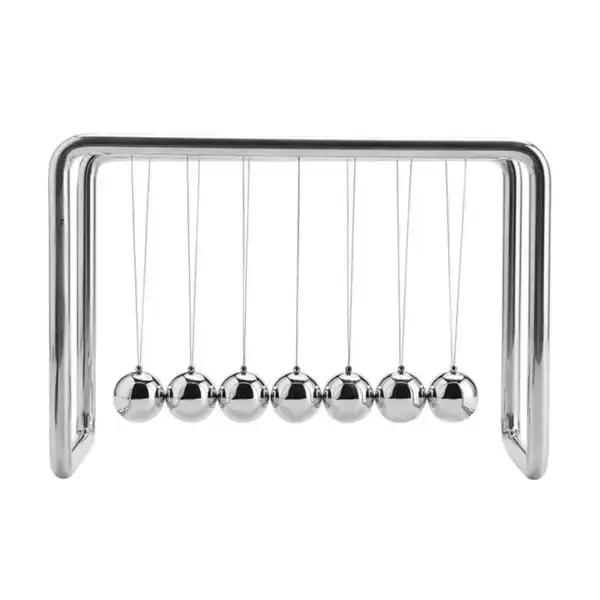 Pendentif Newton en acier inoxydable, modèle de pendule newton avec billes métalliques suspendues, illustrant la conservation de l'énergie et la physique.