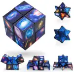 Cube en galaxie avec motifs cosmiques, formes géométriques lumineuses, décoration scientifique, objet décoratif, puzzle cosmique, décoration intérieure, science et univers.