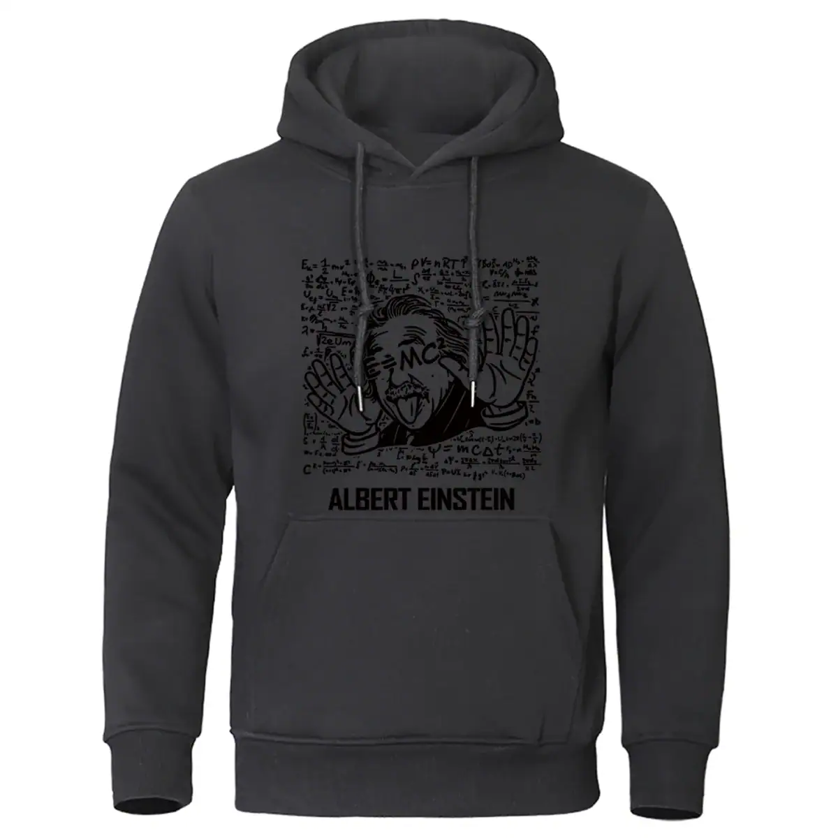 Vêtement à capuche noir avec illustration humoristique d'Albert Einstein, représentant le célèbre scientifique avec un style graphique moderne.