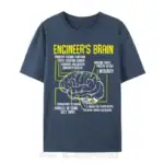T-shirt avec illustration du cerveau d'ingénieur et citations humoristiques sur la science et l'ingénierie.