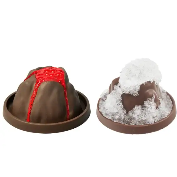 Deux moules en chocolat décorés, l'un avec du sucre glace et l'autre avec un coulis rouge, parfaits pour une présentation gourmande et scientifique.