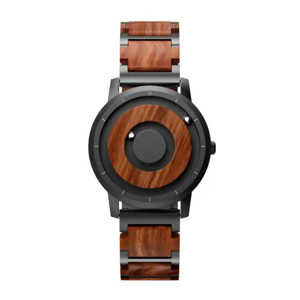 Montre en bois et métal avec design moderne et sophistiqué, alliant matériaux naturels et finition élégante. Parfaite pour un style unique et écologique.
