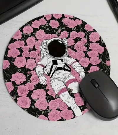 Vêtement d'astronaute illustré posé sur un tapis rond à motif de roses roses et noires, avec une souris d'ordinateur noire à côté.