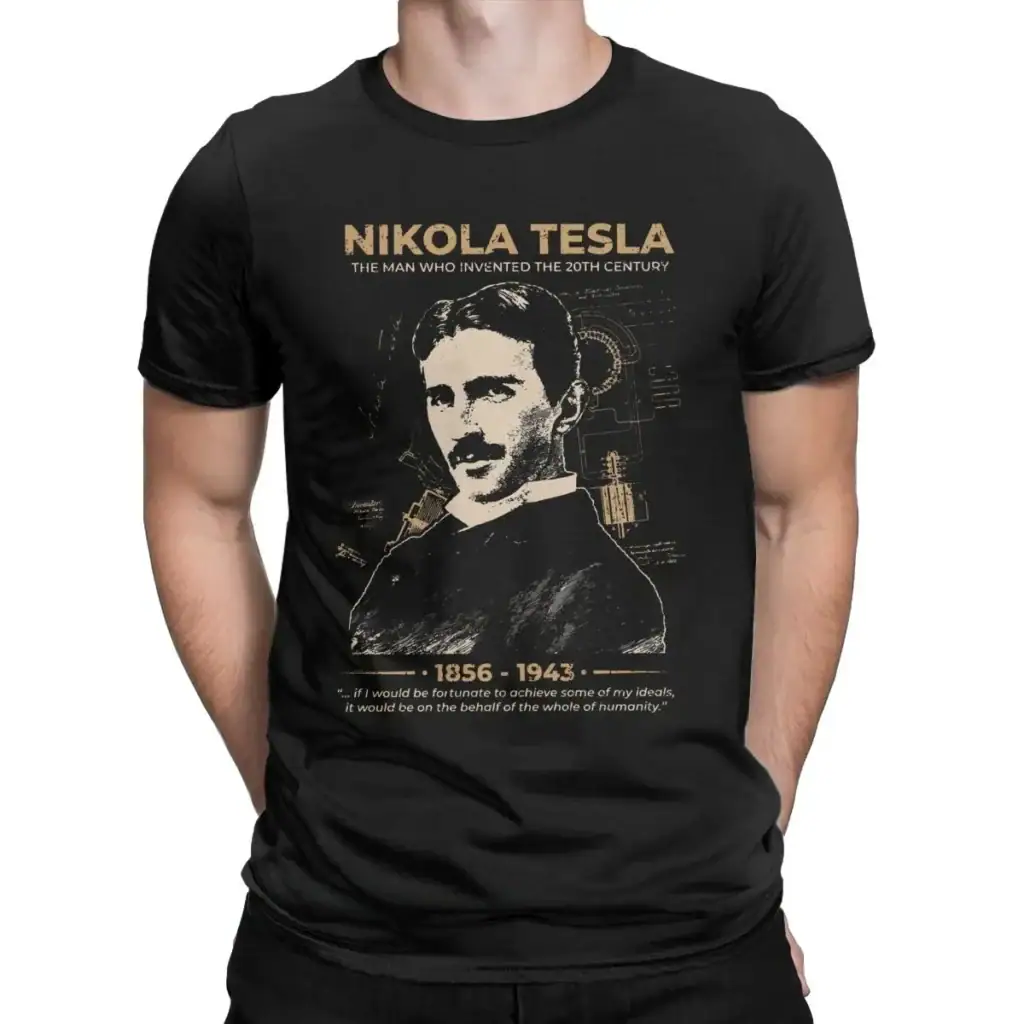 T-shirt noir avec portrait de Nikola Tesla, inventeur et ingénieur, illustrant sa contribution à la science et à la technologie.
