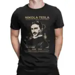 T-shirt noir avec portrait de Nikola Tesla, inventeur et ingénieur, illustrant sa contribution à la science et à la technologie.