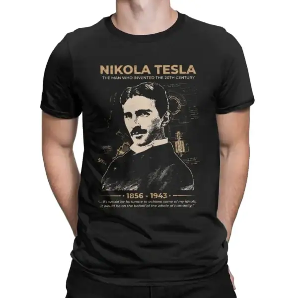 T-shirt noir avec portrait de Nikola Tesla, inventeur et ingénieur, illustrant sa contribution à la science et à la technologie.