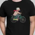 Illustration d'un vieil homme scientifique à vélo, avec des cheveux blancs et une expression joyeuse, portant un manteau beige et une écharpe rouge.