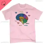 Illustration d'un cerveau humain coloré avec différentes régions du cerveau, imprimée sur un t-shirt rose, représentant la neuroscience et la psychologie.