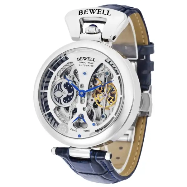Montre skeleton automatique BEWELL avec mouvement visible, boîtier en acier inoxydable, cadran transparent, et bracelet en cuir bleu, alliant style et précision horlogère.