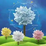 Illustration de cristaux scientifiques colorés et lumineux représentant la science, la technologie, l'art, l'ingénierie, les mathématiques et la science.