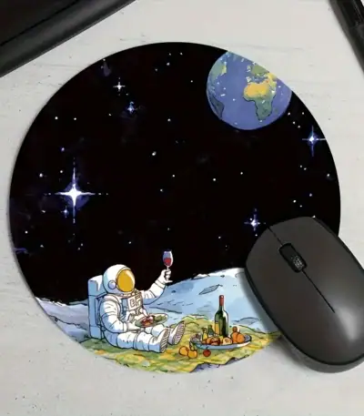 Panneau de souris illustré avec un astronaute dégustant un verre de vin sur la Lune, avec la Terre en arrière-plan dans l'espace.