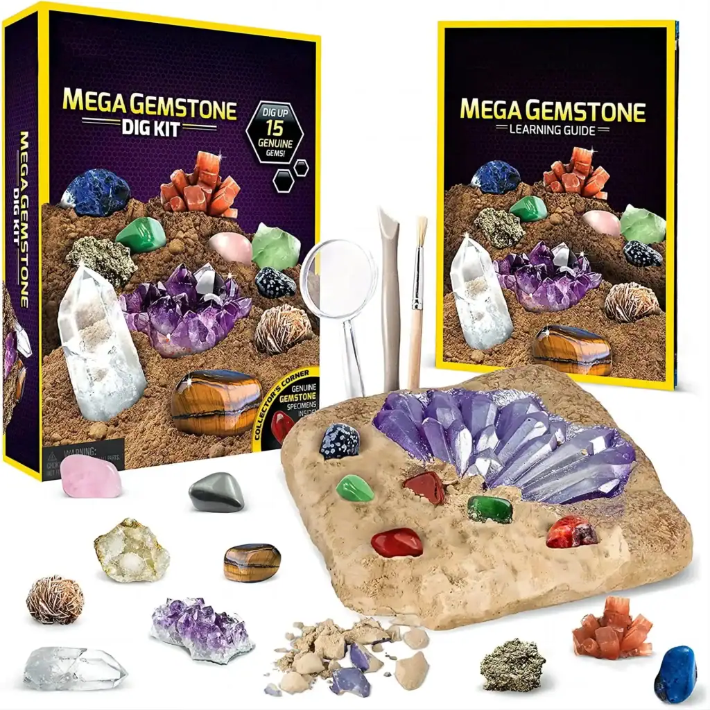 Kit géode de cristaux avec pierres colorées, outils pour explorer et apprendre la science des minéraux.