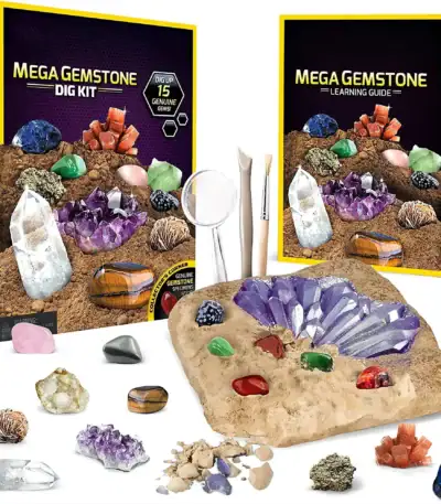 Kit géode de cristaux avec pierres colorées, outils pour explorer et apprendre la science des minéraux.