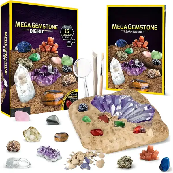 Kit géode de cristaux avec pierres colorées, outils pour explorer et apprendre la science des minéraux.