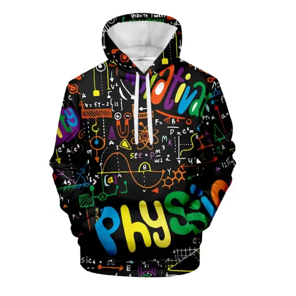Équation de physique colorée sur sweat à capuche, design inspiré des sciences, parfait pour les amateurs de science et d'éducation.
