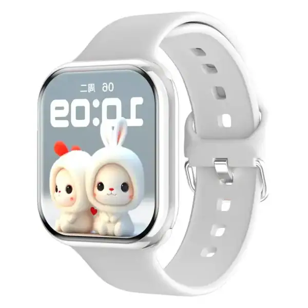 Montre connectée pour enfants avec design de lapins mignons, écran numérique et bracelet blanc, idéale pour suivre l'heure et ajouter une touche ludique à la tenue.