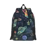 Sac à dos thème espace avec planètes et étoiles colorées.