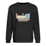 Panneau périodique du tableau scientifique affiché sur un sweat noir, illustrant les éléments chimiques avec leurs symboles et numéros atomiques.