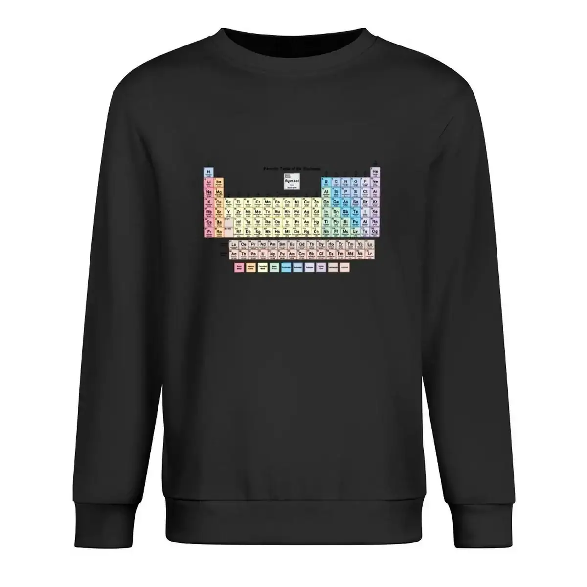 Panneau périodique du tableau scientifique affiché sur un sweat noir, illustrant les éléments chimiques avec leurs symboles et numéros atomiques.