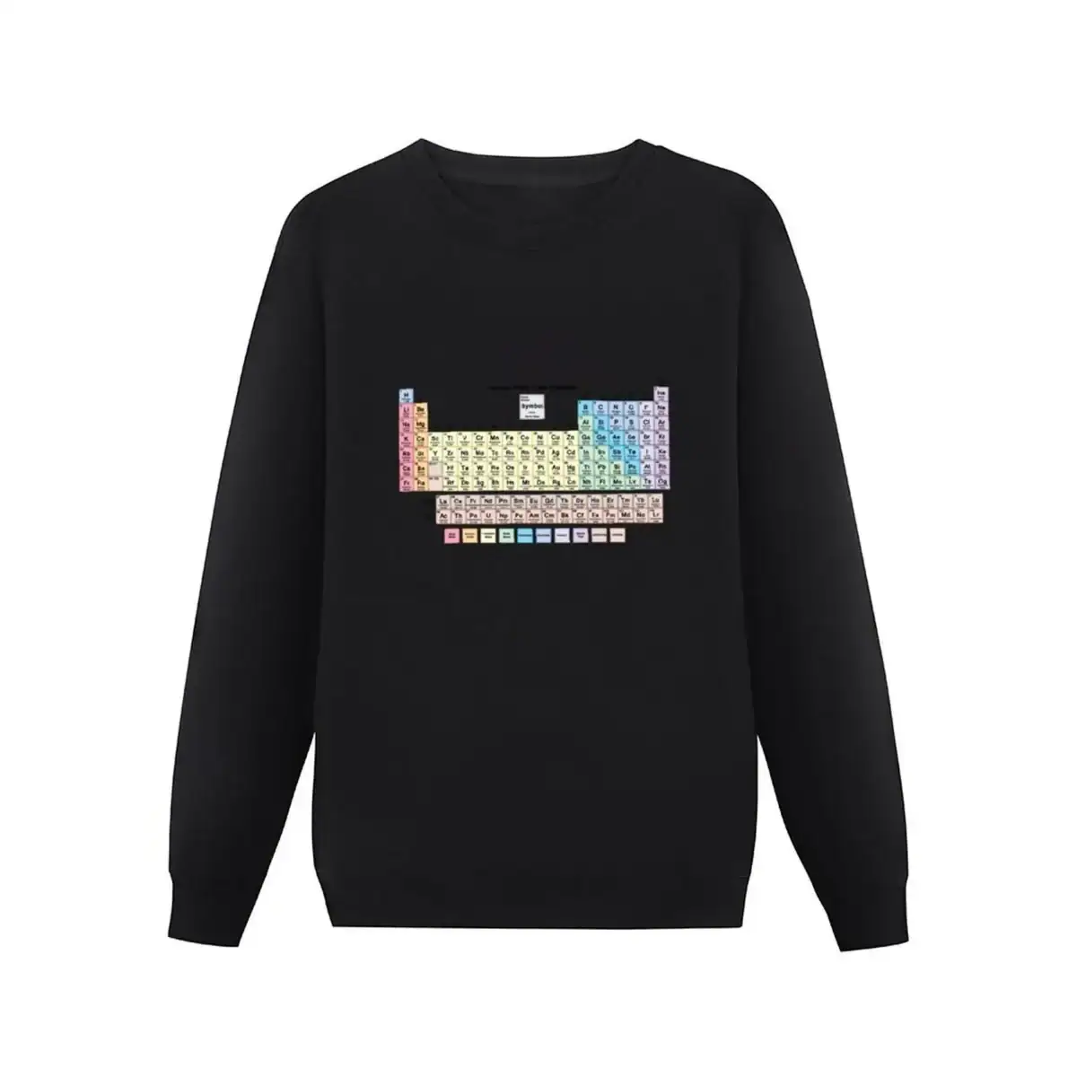 Sweat-shirt noir avec un motif de la table périodique des éléments chimiques, idéal pour les amateurs de science et de décoration scientifique.