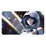 Un personnage féminin en combinaison spatiale dans un décor cosmique avec des étoiles et des nébuleuses.