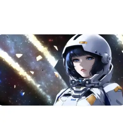 Un personnage féminin en combinaison spatiale dans un décor cosmique avec des étoiles et des nébuleuses.