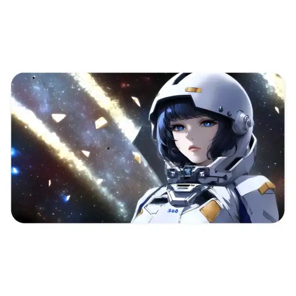 Un personnage féminin en combinaison spatiale dans un décor cosmique avec des étoiles et des nébuleuses.