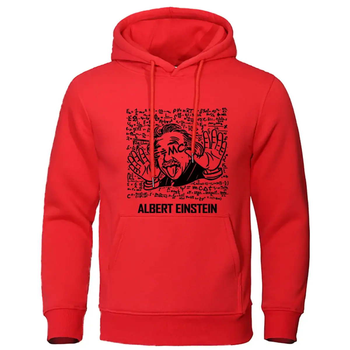 Veste à capuche rouge avec illustration humoristique d'Albert Einstein faisant un geste de paix, accompagnée de textes scientifiques stylisés.