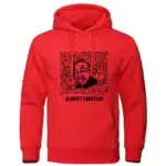 Veste à capuche rouge avec illustration humoristique d'Albert Einstein faisant un geste de paix, accompagnée de textes scientifiques stylisés.