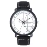 Montre scientifique avec cadran affichant des formules mathématiques, notamment des fonctions trigonométriques et des nombres en anglais, sur un bracelet en cuir noir.