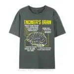 T-shirt gris avec illustration d'un cerveau d'ingénieur et annotations en jaune, représentant différentes fonctions cérébrales liées à l'ingénierie et la résolution de problèmes.