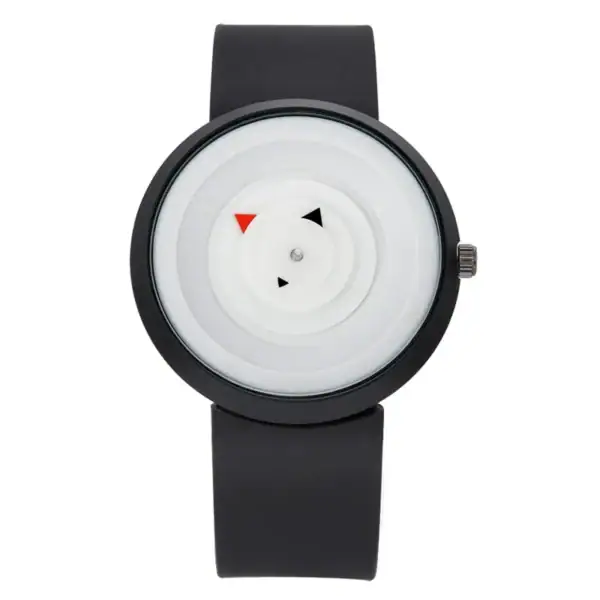 Montre scientifique moderne avec cadran minimaliste, affichage unique avec points et flèches, bracelet noir, design épuré pour amateurs de science et de décoration innovante.