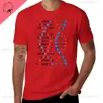T-shirt rouge avec une illustration de la double hélice d'ADN et un texte informatif sur la technologie ADN.