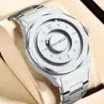 Montre en acier inoxydable avec design moderne et minimaliste, affichage numérique circulaire, idéale pour les amateurs de style contemporain et de technologie avancée.