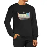 Sweat-shirt noir avec motif de tableau périodique scientifique, style décontracté, idéal pour les amateurs de chimie et de sciences.