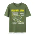 T-shirt vert avec illustration d'un cerveau d'ingénieur, comprenant des annotations sur la résolution de problèmes, la créativité et l'intégrité.